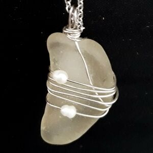 Natural Clear Sea Glass with Faux Pearl Bead Wire Wrapped Pendant Necklace